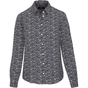 Dames blouse donkerblauw met lichte print volwassen lange mouw viscose luxe chic maat 44