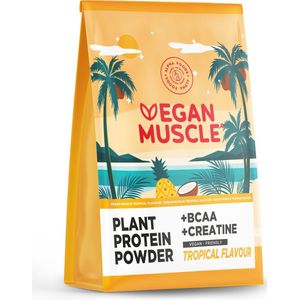 Alpha Foods Vegan Muscle Proteine poeder met Creatine en BCAA - Eiwitpoeder goed als maaltijdshake of ontbijtshake, Plantaardige Proteine Shake van zink, l-carnitine en groene koffie, 600 gram voor 15 shakes of porties, met Pina Colada smaak