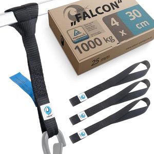 Robuuste spanbanden, set van 4 stuks, 30 cm lang, in zwart, 25 mm breed, met een draagvermogen van 1000 kg en een werklast van 1 ton. Ideaal voor het vastzetten van motorfietsen, quads, ATV's, fietsen en voor het gebruik van sleeplussen en dubbele lu