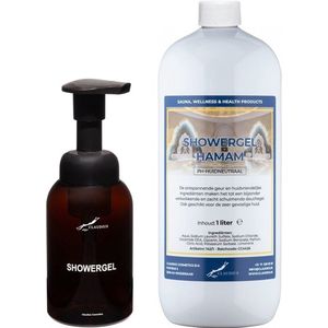 Zeepdispenser 300 ml amber bruin hervulbaar + 1 liter Showergel Hamam navulling