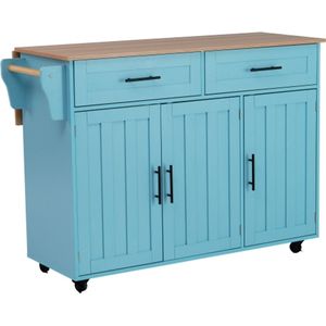 Eetwagen/dressoir 129*46(71)*91,5 cm met opklapbaar tafelblad, planken in de deuren, keukeneiland op 5 wielen met opbergruimte en 2 lades, voor eetkamer, wit + blauw