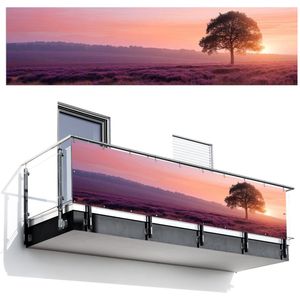 Balkonscherm 300x75 cm - Balkonposter Boom - Heide - Zonsopgang - Balkon scherm decoratie - Balkonschermen - Balkondoek zonnescherm