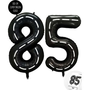 Cijfer Helium Folie Ballon XXL - 85 jaar cijfer - Zwart - Wit - Race Thema - Formule1 - 100 cm - Snoes