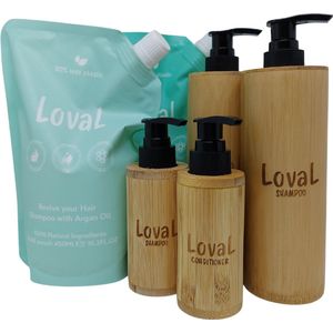 OP=OP - Loval - Luxe Geschenkset - Organische shampoo en conditioner met argan olie - 2 Navulzakken 450ML - Zonder sulfaten, parabenen, siliconen en minerale olieën - 2 hervulbare bamboo dispensers 200ML - 2 reisflesjes 50 ML