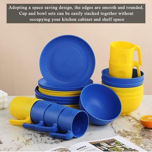 Plastic servies sets 24pcs voor 6, herbruikbare borden en kommen sets, schotel set omvatten diner borden, dessert bord, ontbijtgranen kommen, kopjes voor thuis, tuin, picknick, camping, blauw/geel