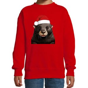 Bellatio Decorations Kersttrui / sweater familie Mol - kinderen - dieren - rood - kerstmuts - Kerstmis 98/104