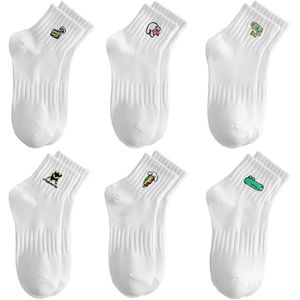 Premium - Witte tennissokken voor dames en heren, crew sokken met motief, EU 38-42, karikatuur, ademend, gevoerd - 6 paar