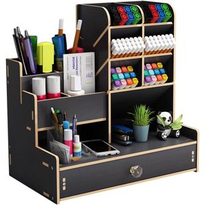 Bureau-organizer van hout - Grote capaciteit pennenhouder - Bureau pennenhouder organizer - Kantoororganizer met lade - Zwart - 1 bureau organizer