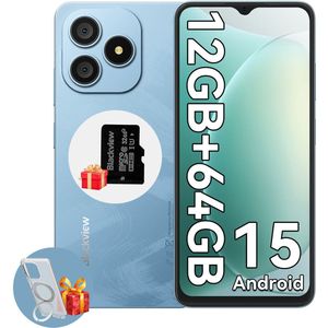 Blackview WAVE 9C Smartphone - 4G Dual SIM - 12 RAM 64GB ROM - Octa Core - 6.56 inch - Android 15 - 32GB TF kaart - Ringhouder Telefoonhoesje - Blauw