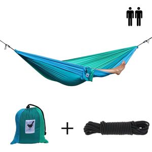 MoreThanHip - (Reis)hangmat Ocean - 2 Persoons - Incl. set touwen - blauw/groen/turkoois - 180 kg draagkracht - lichtgewicht - compact