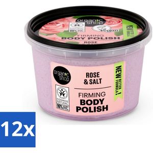 12 x Organic Shop - Body Scrub Rose - Hydraterend en Verzorgend - 250 ml - Lichaams Scrub - Peeling - Organische Amandelolie - Biologische Ingrediënten - Hydraterende Body Scrub