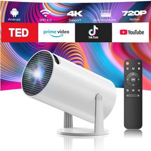 4K-videoprojector Mini draagbare projector Android 11 met BT 5.0 en WiFi 6, videoprojector met automatische keystone, 220° rotatieprojector compatibel met USB/PS/HDMI/TV-stick