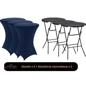 3x zwarte Statafel + marineblauwe Statafelrok x 3 – 80 cm Dia x 110 cm hoog – Cocktailtafel – Hoge staan tafel – Breed Blad – Inclusief Marineblauwe Statafelhoes – Staantafelrok Stretch R