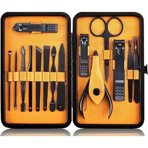 Manicureset Professioneel Professionele Nagelverzorgingsset - Roestvrijstalen Pedicureset van 15 Stuks met Koffer voor Reizen - Zwart Geel