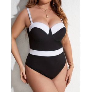 Sexy Badpak- Dames kleurenblok Push Up Corrigerend Zwempak Eendelig- Dames Badmode Bikini Tankini Strandkleding 009- Zwart- Maat XXL