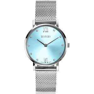 ZINZI Lady Crystal horloge ice blue wijzerplaat en kast stalen mesh band, witte crystals bij uuraanduiding, 28mm extra dun ZIW645M