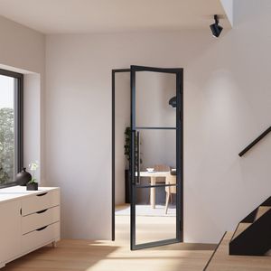 Complete glazen binnendeur - stalen draaideur - 90x202 met kozijn - helder - 3 vakken - rechts - met greep