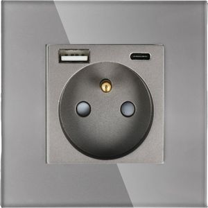 Enkel stopcontact met USB-snellader A+C Grijs met glazen frame__ 20W__.