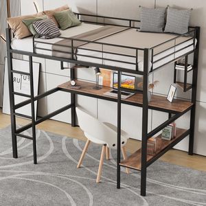 Hoogslaper met Bureau en Boekenrek 90 x 200 cm - Zwart Metalen Bedframe voor Kinderen en Jongeren