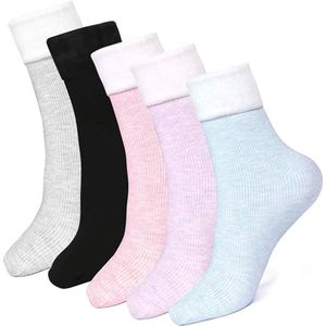 5-pack dikke, antislip katoenen thermosokken voor dames in de winter, verkrijgbaar in blauw, zwart, grijs, paars en roze. One size fits all.
