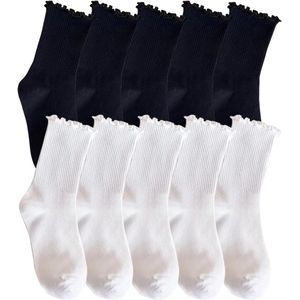 10 paar sokken met ruches voor dames in wit en zwart, katoenen comfortabele ademende sneakersokken, gebreide sokken voor sport en vrije tijd, maat 35-42.