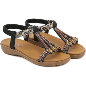 Provento - Zomer Sandalen Dames | Comfortabel | Sparkly Strass | T-Strap | Zwart | Maat 38 EU