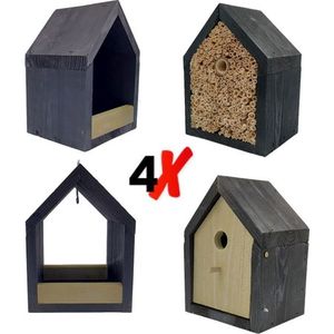 Set van 4 GARDEN SPIRIT Huisjes: Vogelhuisje, Insectenhotel, en Vogelvoederhuisjes