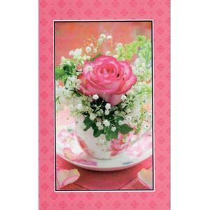 Een mooie wenskaart met een roze roos. Een dubbele wenskaart inclusief envelop en in folie verpakt. Te gebruiken voor diverse gelegenheden bijvoorbeeld verjaardagen, zomaar, bedankt, afscheid, beterschap, veel geluk etc.