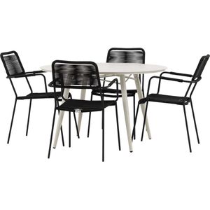 Lina tuinmeubelset tafel Ø120cm beige, 4 stoelen Lindos zwart.