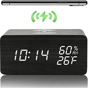 Digitale Houten Wekker met Draadloos QI Opladen en Alarminstellingen - LED Klok voor Slaapkamer, Woonkamer en Kantoor