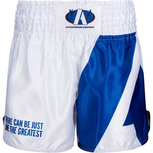 Ali’s Fightgear ""Legacy"" – Kickboksbroekje / Fightshort – Maat M – Heren & Dames – MMA & Boksen – Training & Wedstrijden – Blauw / Wit