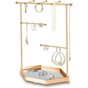 Sieraden Houder (Jewelry Stand), Luxe Sieraden Tree, Organizer Display Kettingen, Oorbellen, Armbanden, Accessoires. Ideaal als cadeau. Metallic met een spiegeltray. 23,5*12*29 cm (Roségoud)