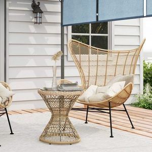 Bruine bijzettafel van rattan voor in de tuin, 45 x 45 cm salontafel met UV-bescherming, balkontafel met veiligheidsglas tafelblad, koffietafel in Boho design