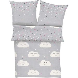Kinderbeddengoed 100x135 cm - 100% katoen, praktische ritssluiting & machinewasbaar, beddengoed voor kinderen 2-delig wolken & sterren grijs
