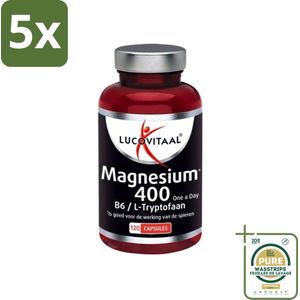 5 x Lucovitaal - Mineralen - Magnesium 400 - B6 / L-Tryptofaan - 120 Tabletten - Grootverpakking - Magnesium - Magnesiumcitraat - Spieren - Zenuwstelsel - Mentale Balans