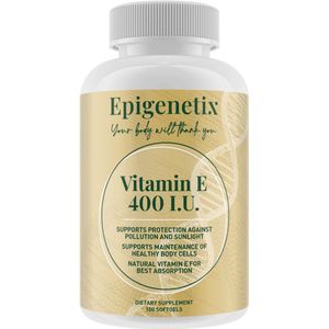 Epigenetix - Vitamine E 400 I.U. - 100 premium softgels - Kan ondersteuning bieden bij: Vermoeidheid, gebrek aan energie, droge, schilferige of geïrriteerde huid, verminderde weerstand, langzaam herstel na ziekte of inspanning