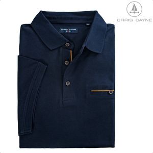 Chris Cayne poloshirt - maat M - effen fijn wafelpatroontje - donkerblauw - mooie effen kraag en manchetten - camel ingebreid streep patroontje op de zak - gemerceriseerd - stretch - met borstzak - paspelzak - luxe polo - bruine knoopjes