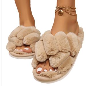Warme Pluizige Slippers met Kruisband voor Dames – Open Tenen Winter Huisslippers – Zachte Comfortabele Katoenen Slides met Platte Zool voor Binnen – Maat 40