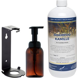 Zeepdispenser 300 ml amber bruin hervulbaar + 1 liter Shampoo Kamille navulling (inclusief beugel)
