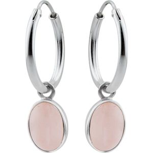 | Zilveren oorringen met hanger, ovale rozenkwarts steen met zilveren rand
