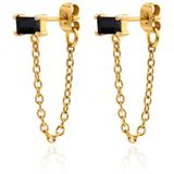 LGT JWLS - Dames Oorbellen - Goudkleurig - Roestvrij Staal - Zwarte Zirkonia - Knop en Ketting