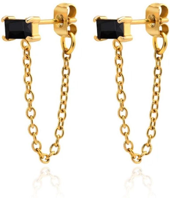 LGT JWLS - Dames Oorbellen - Goudkleurig - Roestvrij Staal - Zwarte Zirkonia - Knop en Ketting