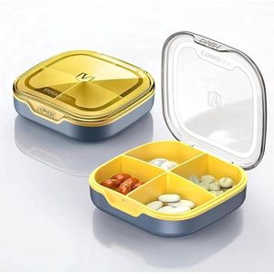 Pillen Doosje met 4 Vakken | Medicijndoos Compact | Reissetje voor Tabletten & Supplementen | Geel