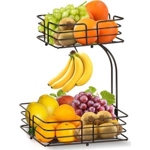 Fruitmand met 2 verdiepingen - Afneembare fruitschaal van metaal voor in de keuken - Zwarte fruitetagère met bananenhouder