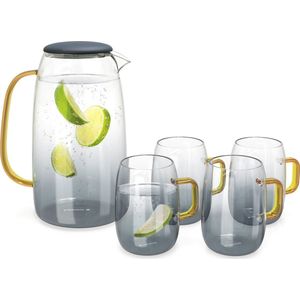 Navaris waterkaraf met 4 glazen – Glazen karaf met deksel - Voor koude en warme dranken - Kan voor water, sap, ijsthee of koffie - 1,5 liter - Grijs