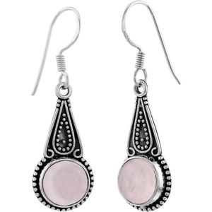 Zilveren oorbellen met hanger dames | Zilveren oorhangers, druppelvorm met geoxideerde details en rozenkwarts steen