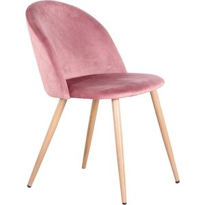 Wildor® Set van 4 stoelen met fluwelen bekleding - Metalen stoelpoten met hout look - Luxe eetkamerstoelen - Woonkamerstoelen - Roze fluweel - Zithoogte 43cm