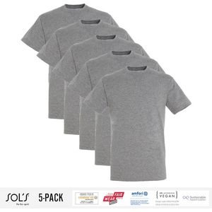 5 Pack Sol's Heren T-Shirt 100% biologisch katoen Ronde hals Heather Grijs Maat M