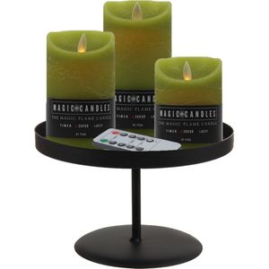 LED kaarsen - 3x st - mos groen - met zwart rond dienblad/kaarsenbord 22 cm - metaal