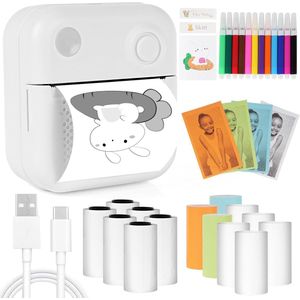 Geschikt voor Mini draagbare printer, Bluetooth stickerprinter, draadloze handheld stickermaker, mini-etikettenprinter met meerdere sjablonen (14 rollen papier + 12 gekleurde pennen) voor school, kantoor en thuisorganisatie